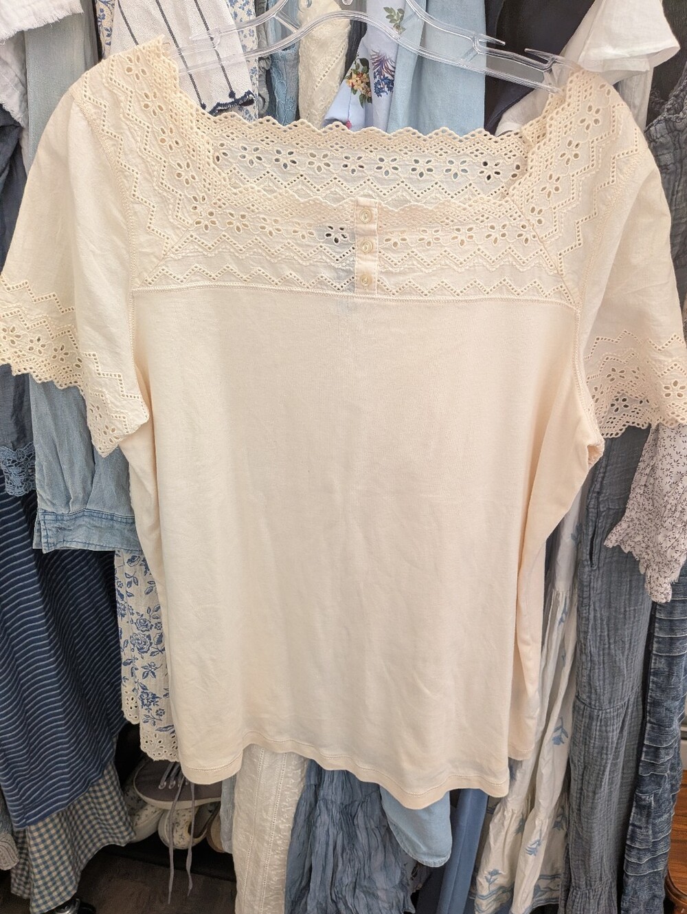 LRL Lauren Ralph Lauren 100% Cotton 1X Top Pale Yellow Eyelet Square Neck